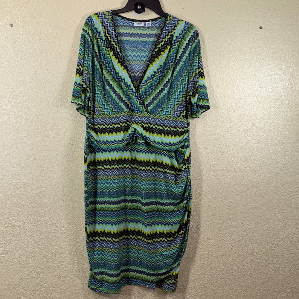 CATO Green Black Dress Chevron Print 14/16W Stretchy Pullover Short sleeve